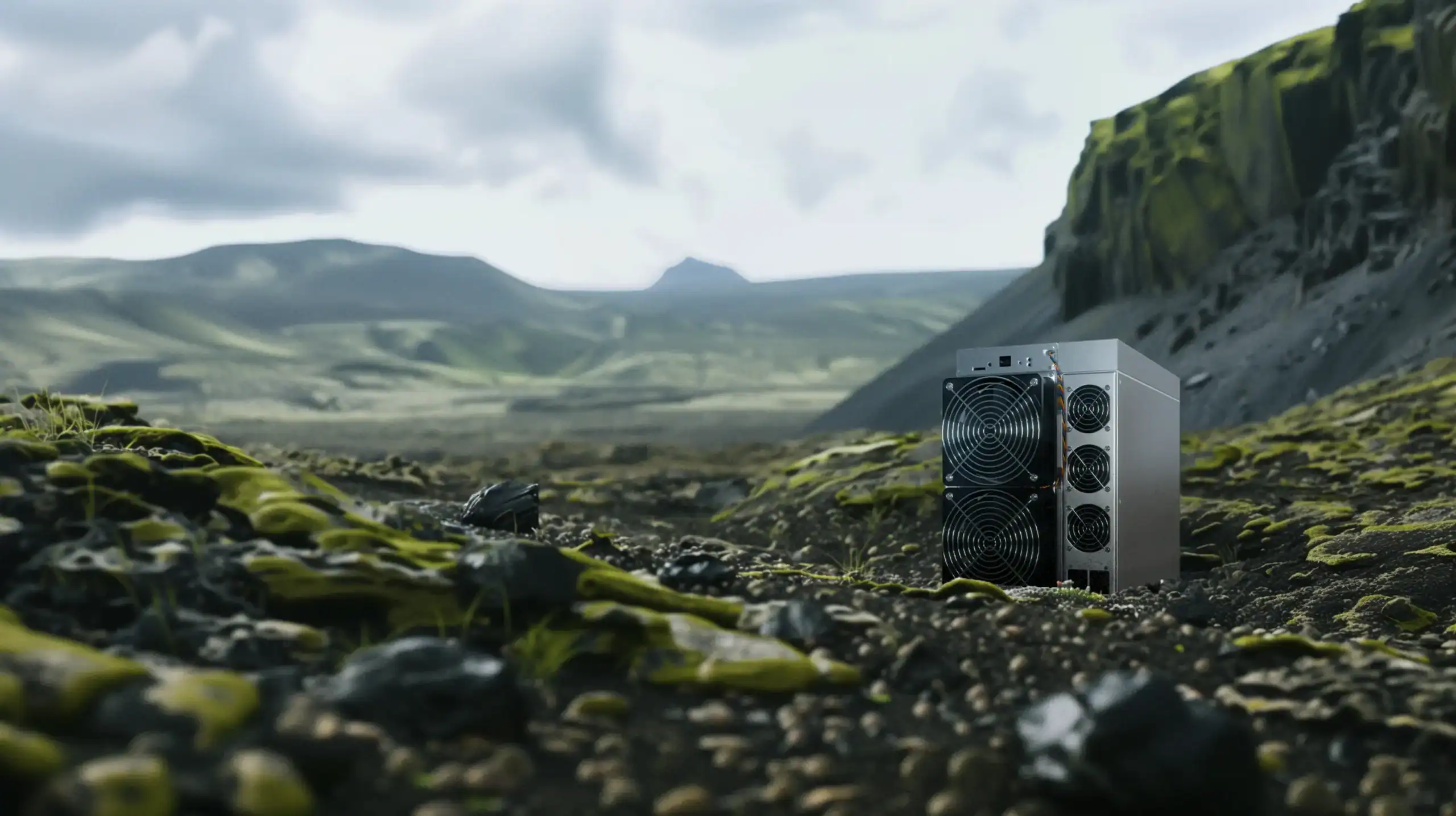 Illustration dÃ¢â‚¬â„¢un mineur ASIC placÃƒÂ© dans un paysage naturel verdoyant et rocheux, symbolisant lÃ¢â‚¬â„¢ÃƒÂ©quilibre entre underclocking et overclocking, mettant en avant lÃ¢â‚¬â„¢idÃƒÂ©e dÃ¢â‚¬â„¢autotuning pour optimiser les performances tout en respectant lÃ¢â‚¬â„¢environnement.