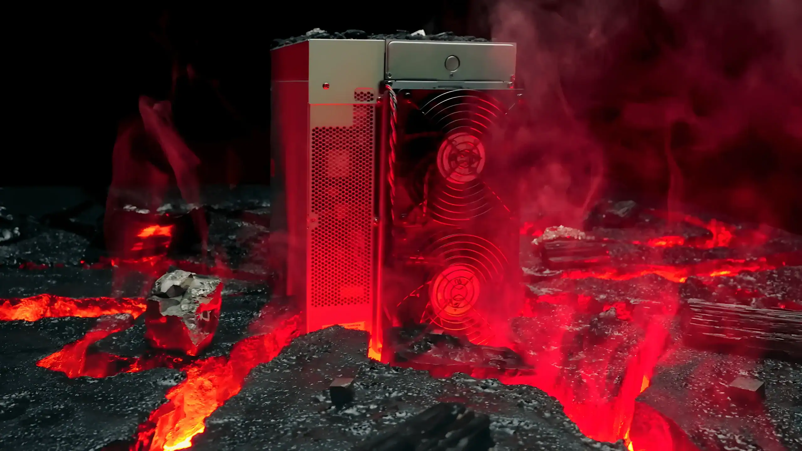 Illustration artistique dÃ¢â‚¬â„¢un mineur ASIC en ÃƒÂ©tat dÃ¢â‚¬â„¢overclocking, entourÃƒÂ© de lave incandescente et de fumÃƒÂ©e rougeoyante, symbolisant une chaleur extrÃƒÂªme et une consommation ÃƒÂ©nergÃƒÂ©tique ÃƒÂ©levÃƒÂ©e due ÃƒÂ  lÃ¢â‚¬â„¢augmentation des performances.