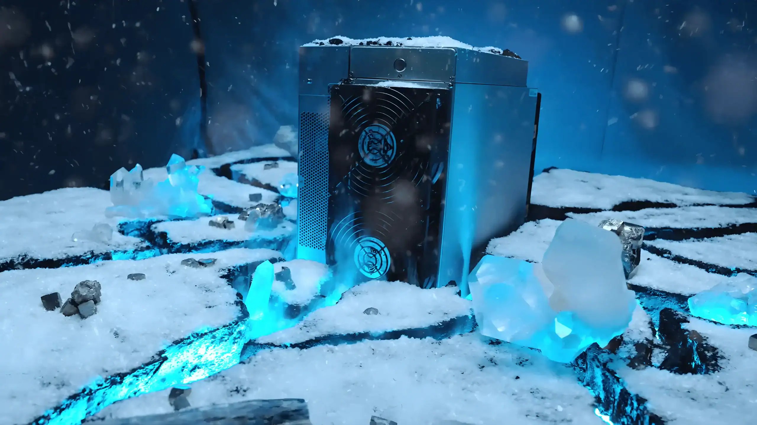 Illustration artistique dÃ¢â‚¬â„¢un mineur ASIC en ÃƒÂ©tat dÃ¢â‚¬â„¢underclocking, placÃƒÂ© dans un environnement glacÃƒÂ© avec neige et cristaux lumineux bleutÃƒÂ©s, symbolisant une basse consommation ÃƒÂ©nergÃƒÂ©tique et une meilleure gestion de la tempÃƒÂ©rature.