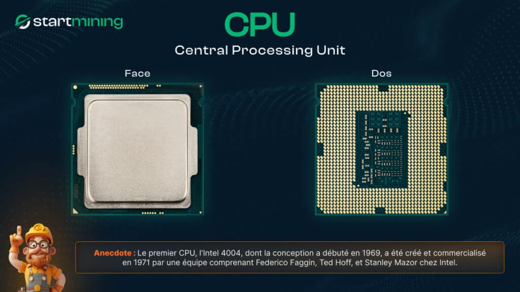 Illustration d'un processeur (CPU) montrant sa face avant et arriÃƒÂ¨re, accompagnÃƒÂ© d'une anecdote sur le premier CPU, l'Intel 4004, conÃƒÂ§u en 1969 et commercialisÃƒÂ© en 1971 par Intel, une ÃƒÂ©tape marquante dans l'ÃƒÂ©volution du minage de Bitcoin et de l'informatique en gÃƒÂ©nÃƒÂ©ral.