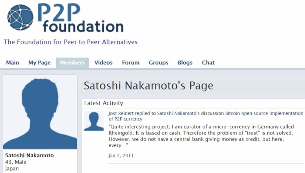 Capture d'ÃƒÂ©cran de la page profil de Satoshi Nakamoto sur le site P2P Foundation, indiquant un ÃƒÂ¢ge de 43 ans et une localisation au Japon.