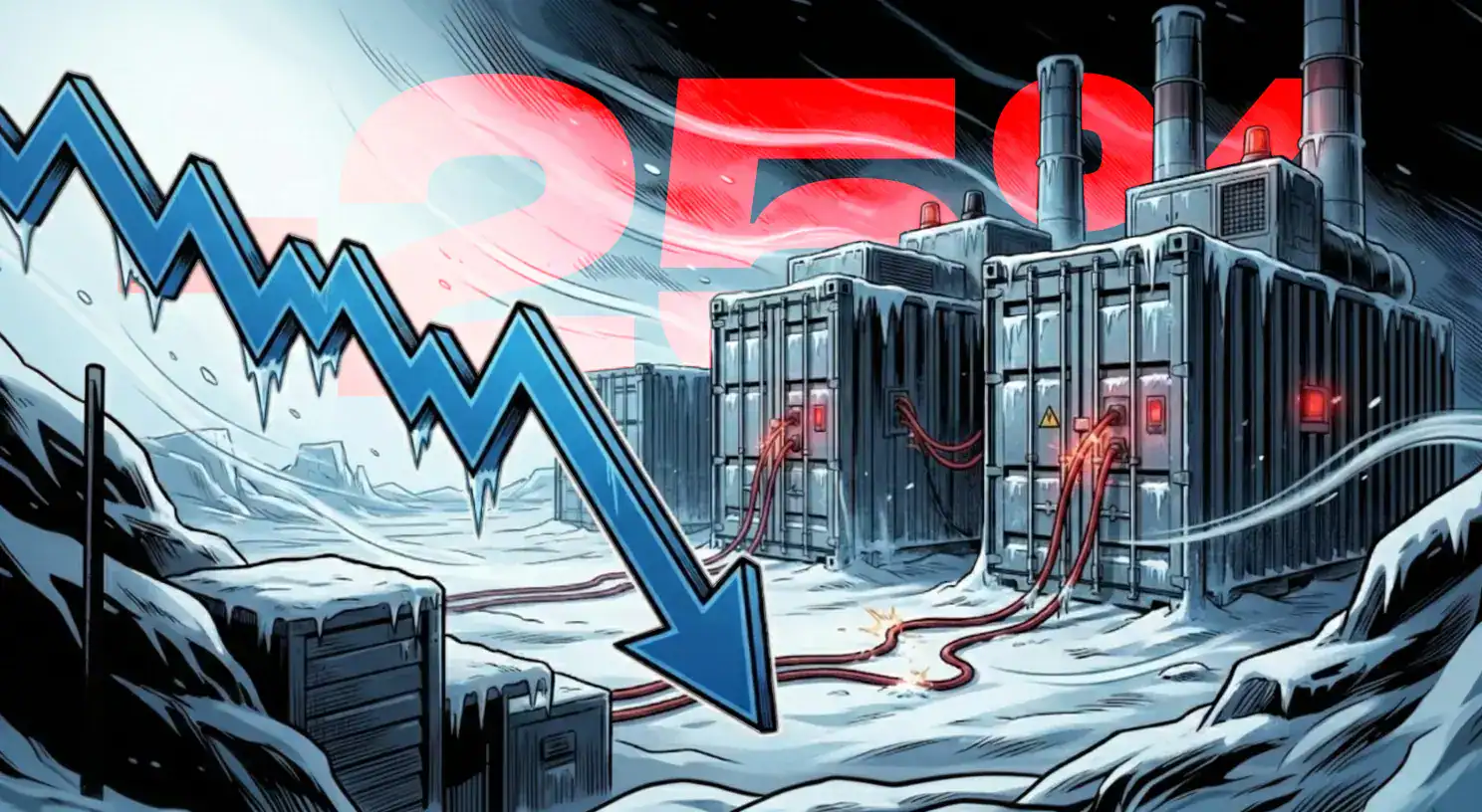 Chute du hashrate Bitcoin illustrée par un graphique en baisse et des fermes de minage gelées se déconnectant lors du froid extrême au Texas