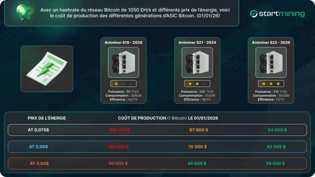 Comparatif du coÃƒÂ»t de production dÃ¢â‚¬â„¢un Bitcoin selon les gÃƒÂ©nÃƒÂ©rations dÃ¢â‚¬â„¢ASIC (S19, S21, S23) et le prix de lÃ¢â‚¬â„¢ÃƒÂ©nergie, illustrant la non-rentabilitÃƒÂ© des S19 ÃƒÂ  0,04 $/kWh en 2026