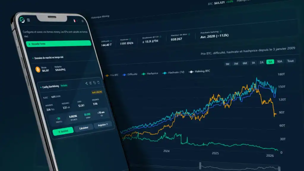 Interface du simulateur de rentabilitÃƒÂ© mining Bitcoin avec calcul des revenus ASIC et donnÃƒÂ©es hashrate hashprice en temps rÃƒÂ©el