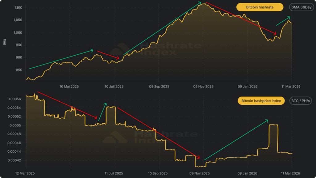 Evolution du hashrate du rÃƒÂ©seau Bitcoin et du hashprice entre 2025 et 2026 montrant la relation entre puissance de calcul et rentabilitÃƒÂ© du mining