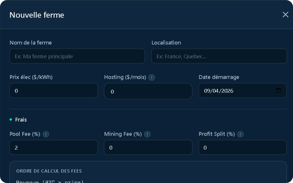 configuration ferme de minage avec paramÃƒÂ¨tres kwh frais hosting et profit split simulateur mining