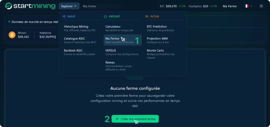 crÃƒÂ©ation ferme de minage virtuelle sur simulateur startmining en mode pro avec paramÃƒÂ¨tres hÃƒÂ©bergement mining