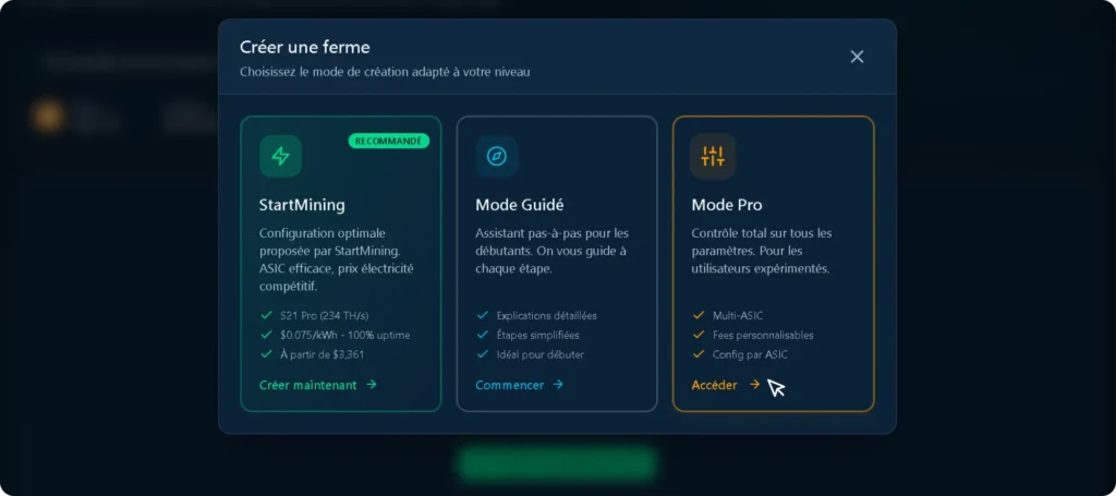 mode pro ferme de minage virtuelle avec gestion multi asic et parametres hebergement mining