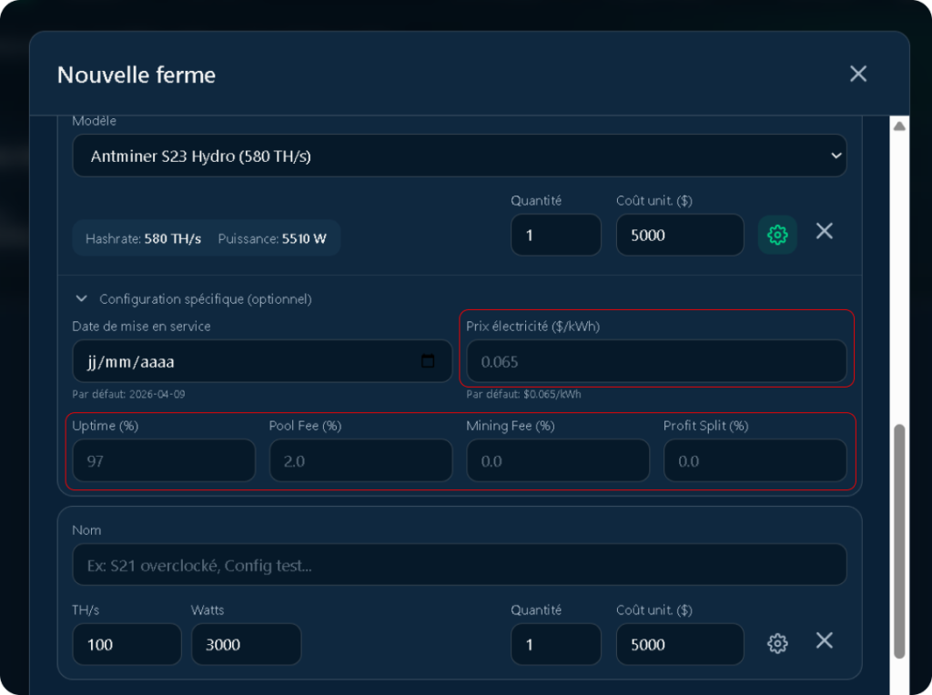 parametres electricite kwh uptime fees ferme de minage hebergement mining configuration asic